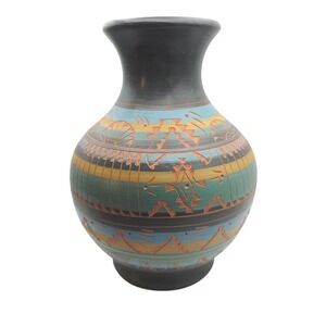 Native American Etched Vase Navajo Pottery Signed Dennison Southwest Turquoise